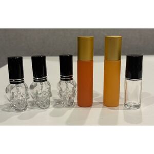 Lot of 6 Refillable Glass Roller Bottles Skull Shaped Frosted and Clear Vials